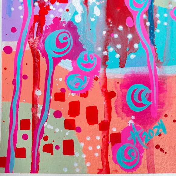 Summer Pop 2 Original Art Acrylic Painting Turquoise Pink Red Frame Ready 8x10in - Picture 3 of 6